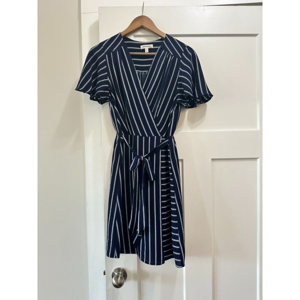 Monteau Women's Size Medium Blue and White Striped Faux Wrap Dress